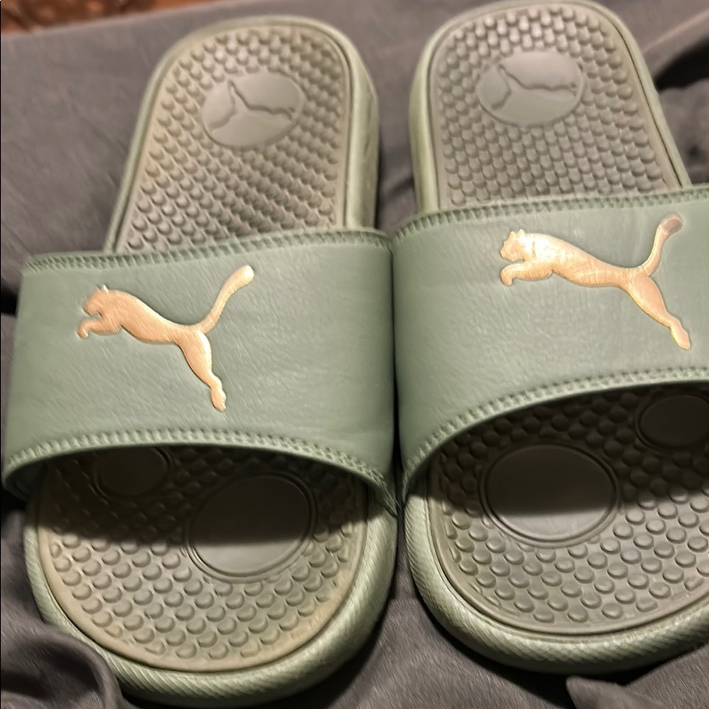 Puma Green Slides with Gold Logo